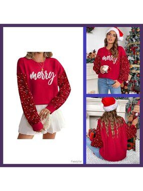 Sequin Christmas Sweater Womens Believe Crewneck Long Sleeve Xmas Holiday Knit